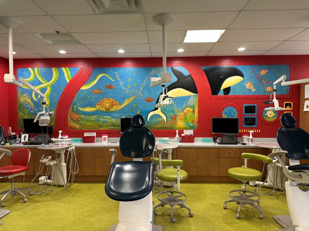 Pediatric dental treatment chair and exam room setup in a dental office in Arnold, MO