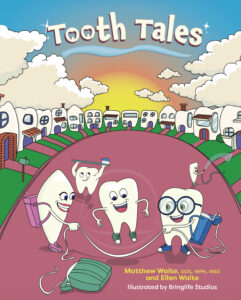Cartoon tooth fairy scene with smiling teeth characters used for children’s dental education in a pediatric dental office
