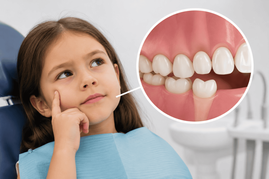Young child in a dental chair with a close-up illustration showing a permanent tooth erupting behind a baby tooth during normal dental development.