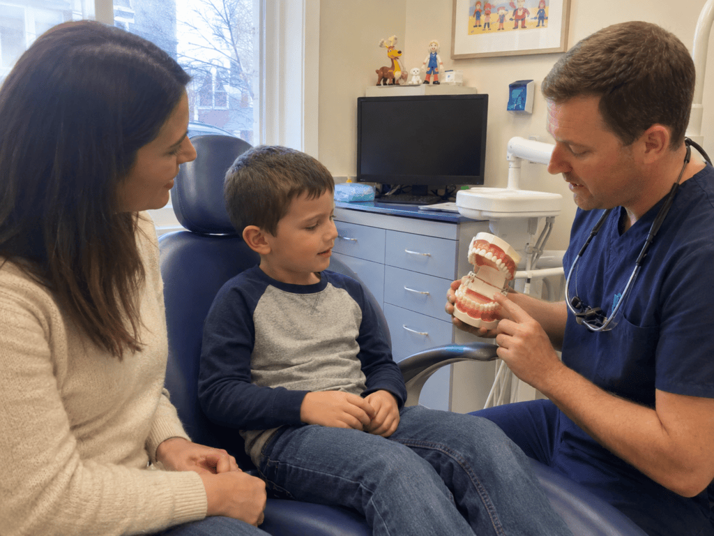 Pediatric dentist explaining cavity treatment in baby and permanent teeth to a parent.