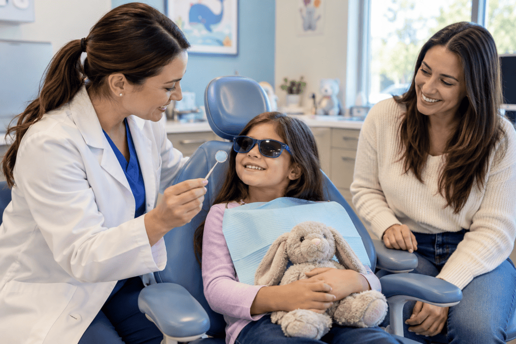 Pediatric dentist showing a dental mirror to a relaxed child wearing protective sunglasses while a parent provides support nearby.